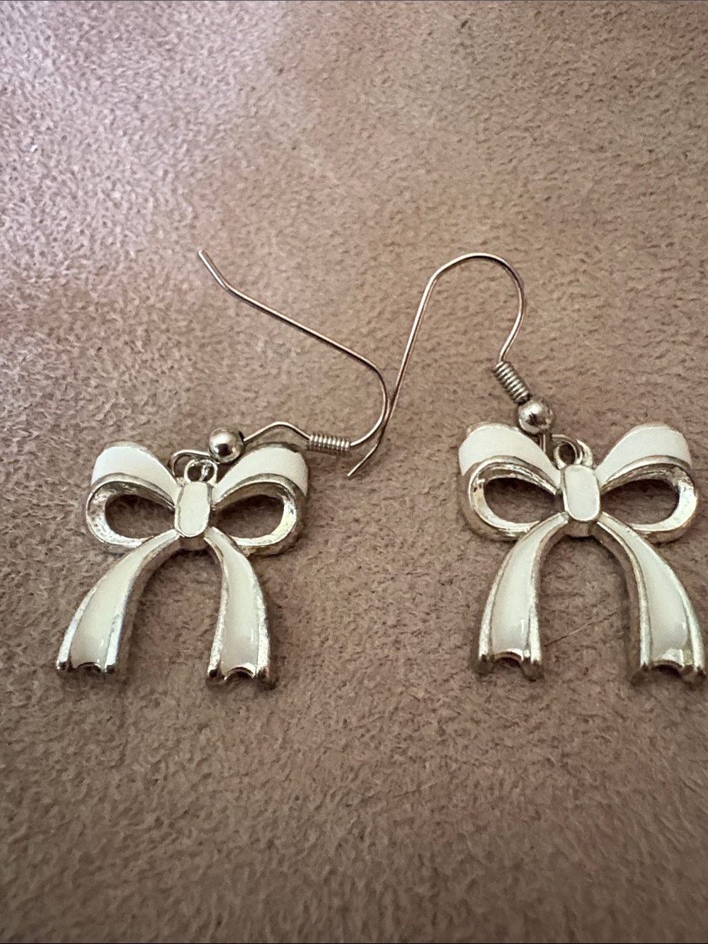 White Enamel Bow Dangle Earrings